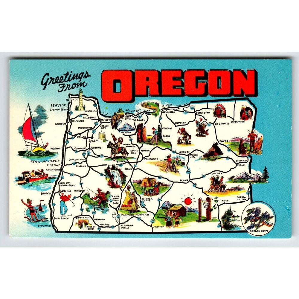 Postcard Greetings From Oregon Map Chrome State Flower Grape Boat Bikini Girl